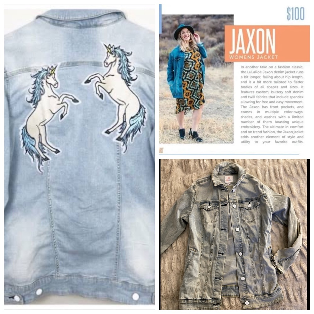 Lularoe Jaxon Unicorn Denim Jacket.